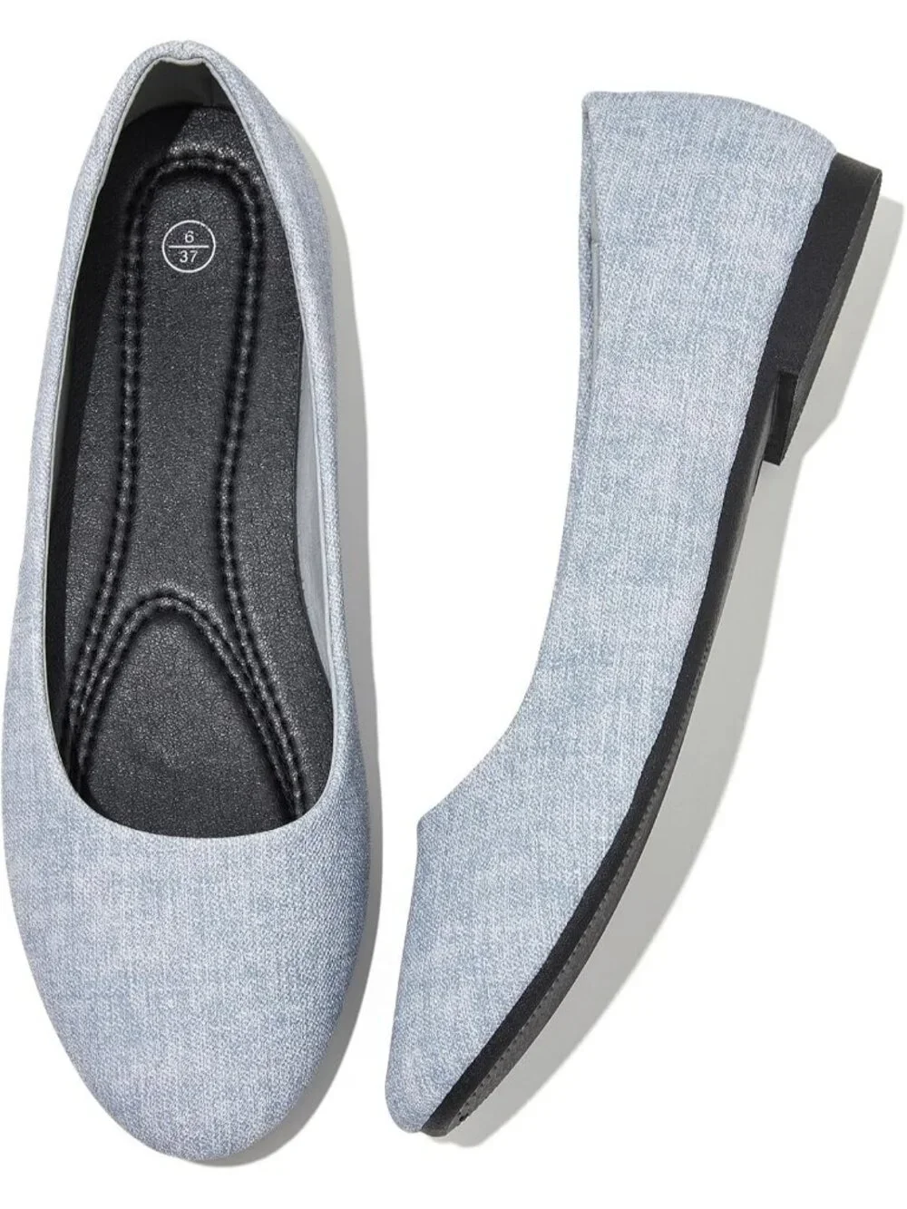 Women's Light Denim PU Leather Comfortable Ballet Flats Slip on Round Toe Shoes